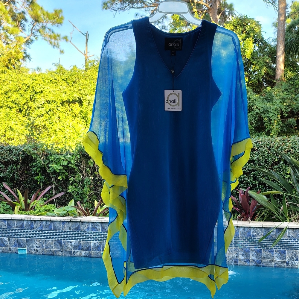 NWT Analili Silk Flowy Blue Cape Dress Women's Sz S